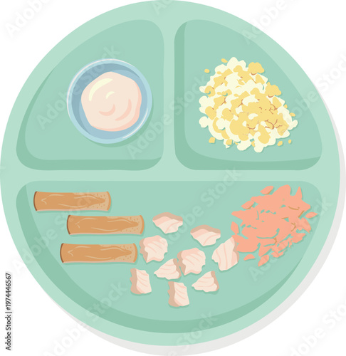 Toddler Divided Plate with Yogurt, Chicken, Carrot, and Soft Pasta