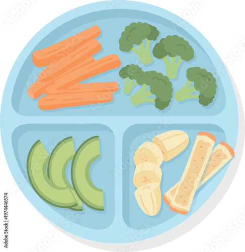 Toddler Divided Plate with Avocado, Banana, Carrot, Broccoli, and Sandwich Fingers