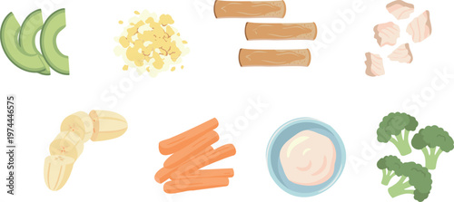 Healthy Toddler Finger Food Set with Avocado, Banana, Carrot, Yogurt, Broccoli, and Chicken