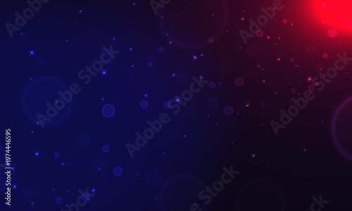 Abstract dark blue background featuring glowing red light and floating particles with bokeh circles for a futuristic digital design.
