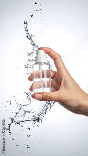 A person's hand firmly grips a clear spray bottle amid dynamic water splashes. The background is a soft gradient