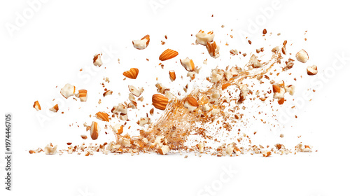Almond nuts and crumbs explosion splash