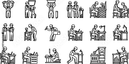 Construction and Engineering Line Art Icons Set. Black and White Outline Glyphs Depicting Industrial Labor, Workforce, Building, and Design Processes.