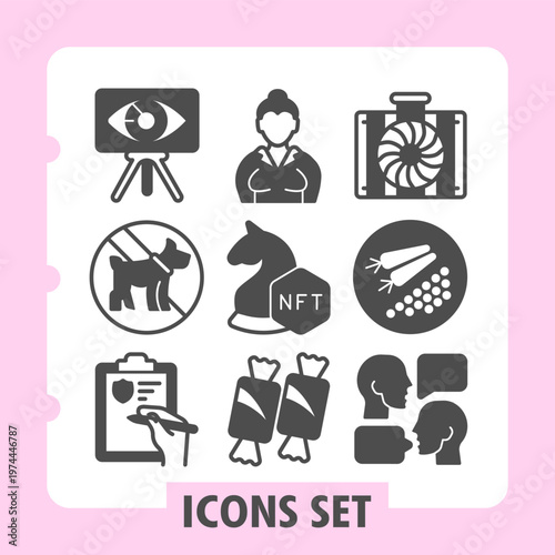 Set of nine modern glyph icons representing presentation, pets, food, technology, security and business concepts. Ideal for web design, presentations and print on white background.