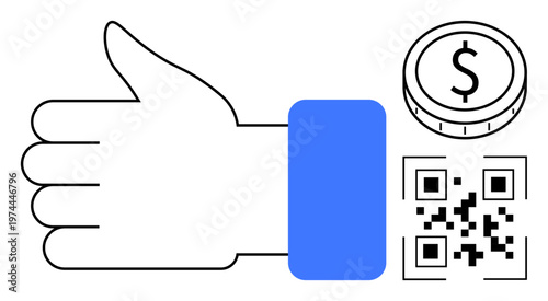 Digital payments, online transactions, e-commerce, financial security, cashless society, approval. A thumbs-up, coin icon and QR code are visible. Digital payments and online transactions theme