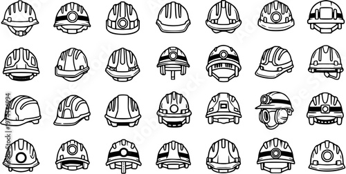 Construction Industrial Hard Hat Safety Helmets Line Art Vector Icon Set for Worker Protection and Job Site Security