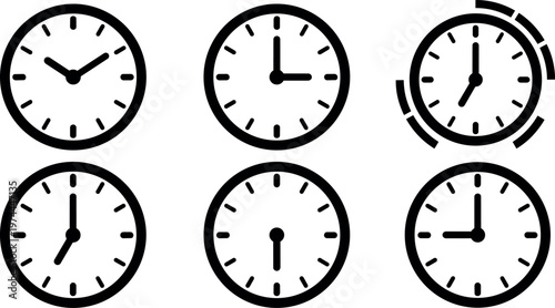 Black and white different clock times vector line art set