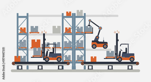 Automated warehouse with forklifts and robotic arm managing inventory.