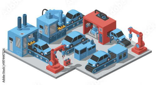 Automotive Factory Assembly Line with Robotic Arms and Cars.