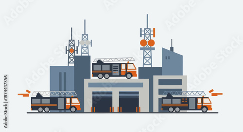 Buses parked at a modern bus depot with communication towers.