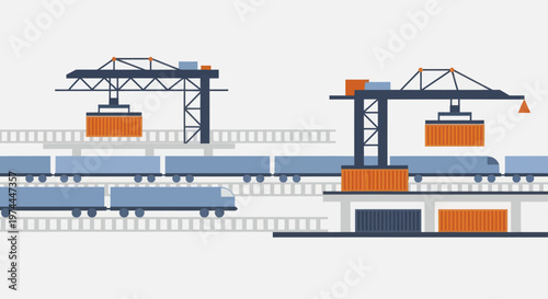 Cargo train and cranes at a busy freight terminal.