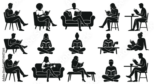 Diverse collection of people reading books in various indoor settings depicted in silhouette. Men and women enjoy leisure and learning through literature.