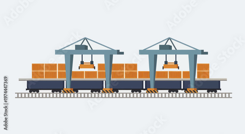 Cargo train with containers being loaded by gantry cranes at a freight terminal.