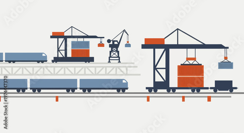 Cargo trains and cranes at a busy industrial port.
