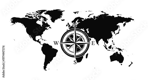 Vector illustration of world map silhouette with a vintage compass rose on a transparent background