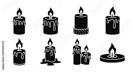 Vector illustration of set of candle icons, burning wax candles with dripping wax on a transparent background