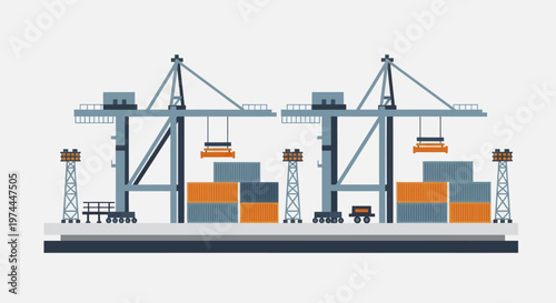 Container port with two large gantry cranes loading and unloading cargo ships.