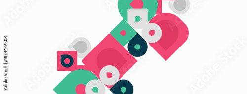 Abstract geometric shapes overlap, creating vibrant composition. Pink, teal, gray circles dominate white background. Modern design elements present.