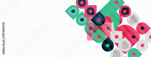 Abstract geometric shapes, circles, squares, rectangles. Pink, teal, navy colors dominate white background. Modern design element.