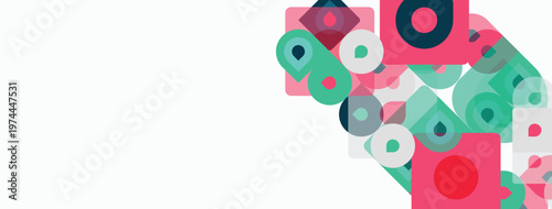 Abstract geometric shapes, circles, squares, teal, red, gray. Minimalist design, clean lines, modern aesthetic, simple composition.