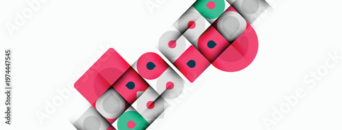 Abstract geometric pattern. Circles, squares overlap creating dynamic visual effect. Minimalist design, bright colors present.