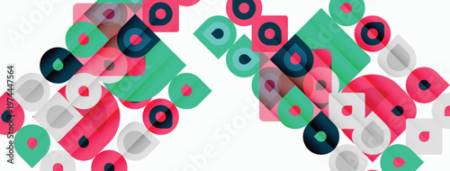 Abstract geometric pattern. Colorful squares, rectangles, circles overlap creating dynamic visual texture. Modern design element.