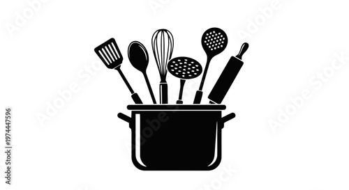 Vector illustration of kitchen utensils set in a cooking pot on a transparent background