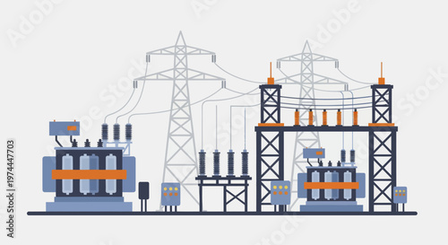 Electrical Power Substation with Transformers and Transmission Towers.