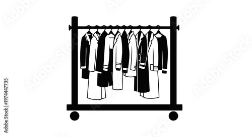 Vector illustration of clothing rack with various coats and jackets hanging on hangers on a transparent background