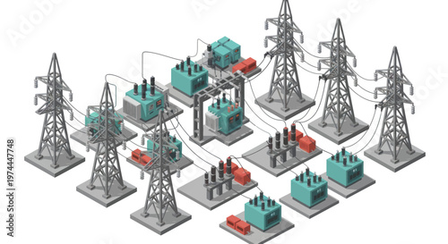 Electrical power grid substation and transmission towers network illustration.