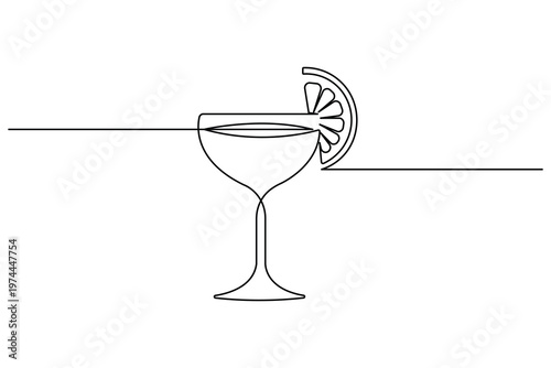Continuous one line art of a cocktail with lemon slice garnish