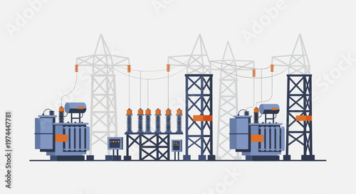 Electrical Substation with Transformers and Power Lines.