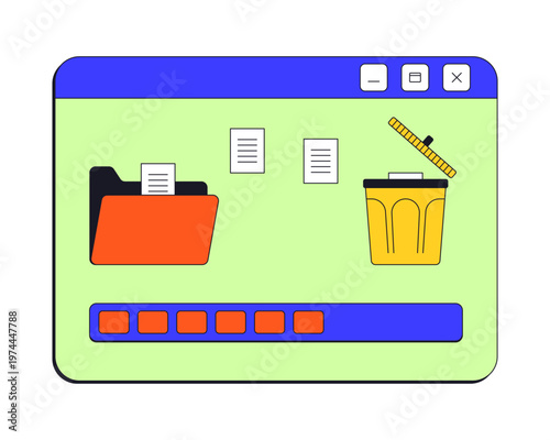 File delete process neo brutalism pop-up UI window. Remove action. Progress bar. Documents from folder cleanup. Trash bin. Isolated user interface element in neubrutalism style. Retro Y2K UX design