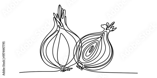 A minimalist continuous line drawing depicting a whole and a halved onion on a plain background.