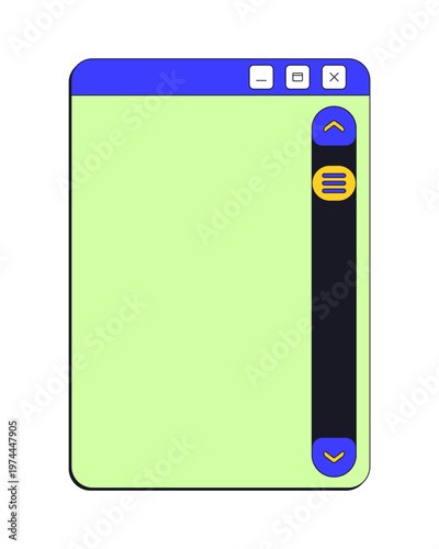 Scrollbar navigation blank neo brutalism pop-up UI window. Vertical scroll bar empty page. Content control panel. Isolated user interface element in neubrutalism style. Retro Y2K UX design