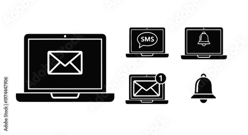 Vector illustration of set of laptop icons with notification symbols for email and messages on a transparent background