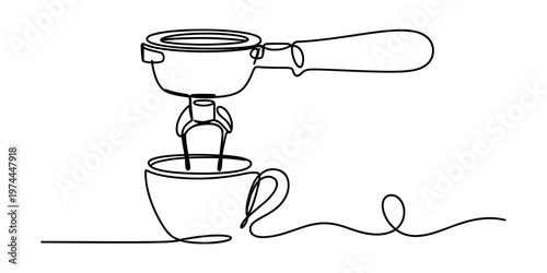 A continuous line drawing of an espresso portafilter brewing coffee into a ceramic coffee cup