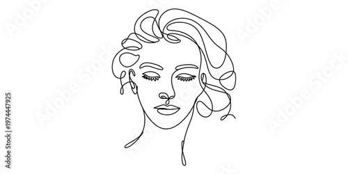 Minimalist continuous line drawing of a woman face with closed eyes and messy wavy hair style