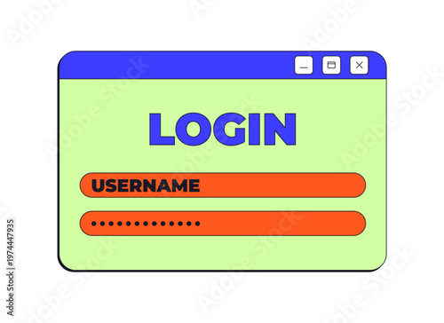 Login form neo brutalism pop-up UI window. Username and password input fields. User authentication. Account member sign in. Isolated user interface element in neubrutalism style. Retro Y2K UX design