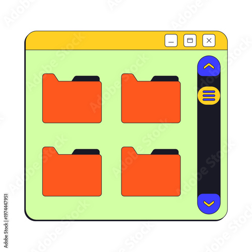 Multiple folders with scroll bar neo brutalism pop-up UI window. Directory browsing. File organization. Storage navigation. Isolated user interface element in neubrutalism style. Retro Y2K UX design