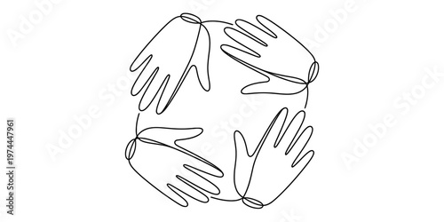 A minimalist single line drawing illustration of four hands arranged in a circular unity design.