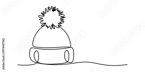 A continuous line drawing of a winter wool hat featuring a playful pompom on the very top crown.