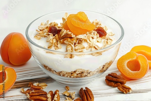 Glass bowl filled with white yogurt, granola, dried and fresh apricots, and pecan nuts.