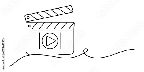 A simple continuous line drawing of a movie clapperboard with a play button on a white background