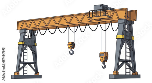 Heavy-duty industrial gantry crane with hooks for lifting.