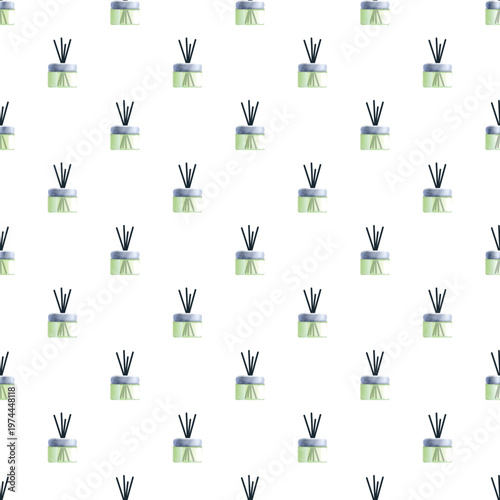 Watercolor reed diffusers creating a seamless pattern on a white background