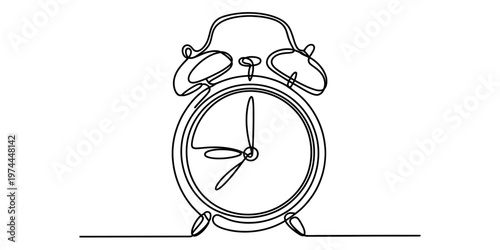 A single continuous line drawing of a vintage alarm clock isolated on a clean white background Vector, illustration