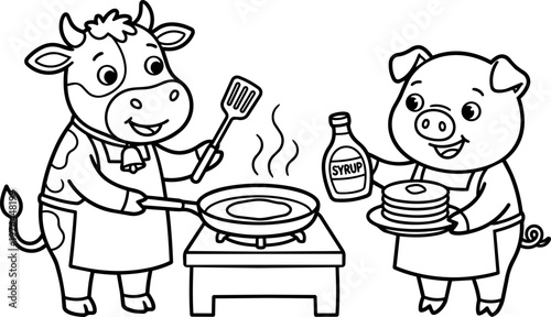Black and white line art cow cooking pancakes pig holding syrup bottle stack