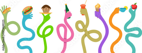 Colorful long flexible hands with meal