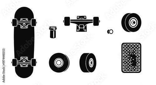 Vector illustration of skateboard parts and components set including deck, trucks, wheels and bolts on a transparent background